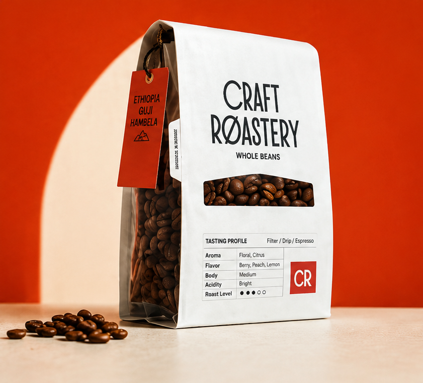 Large Craft Roastery Ethiopia Guji Hambela coffee bag scene